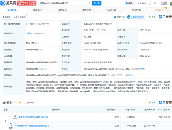 中玉束哈 德众汽车成立新公司，含新能源汽车整车销售业务